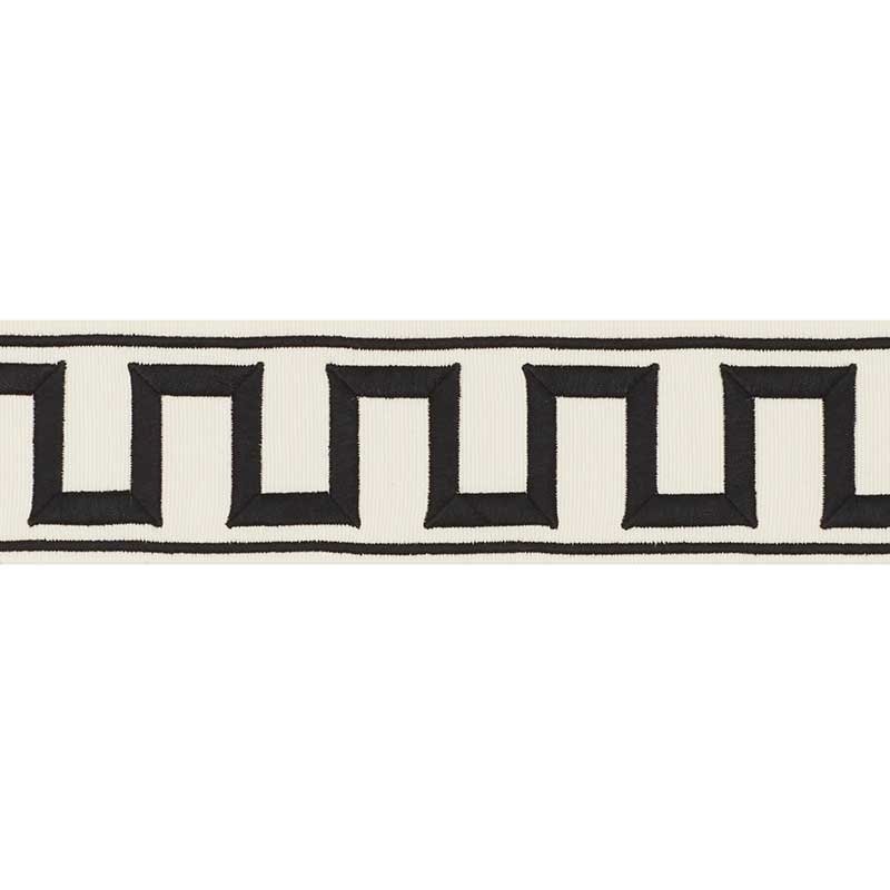 70790 | Greek Key Embroidered Tape, Black On Ivory - Schumacher Fabric