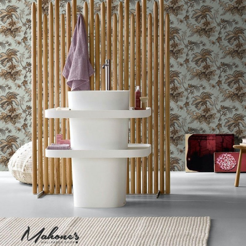 Select 5004052 Coconut Grove Aqua Tan Schumacher Wallpaper