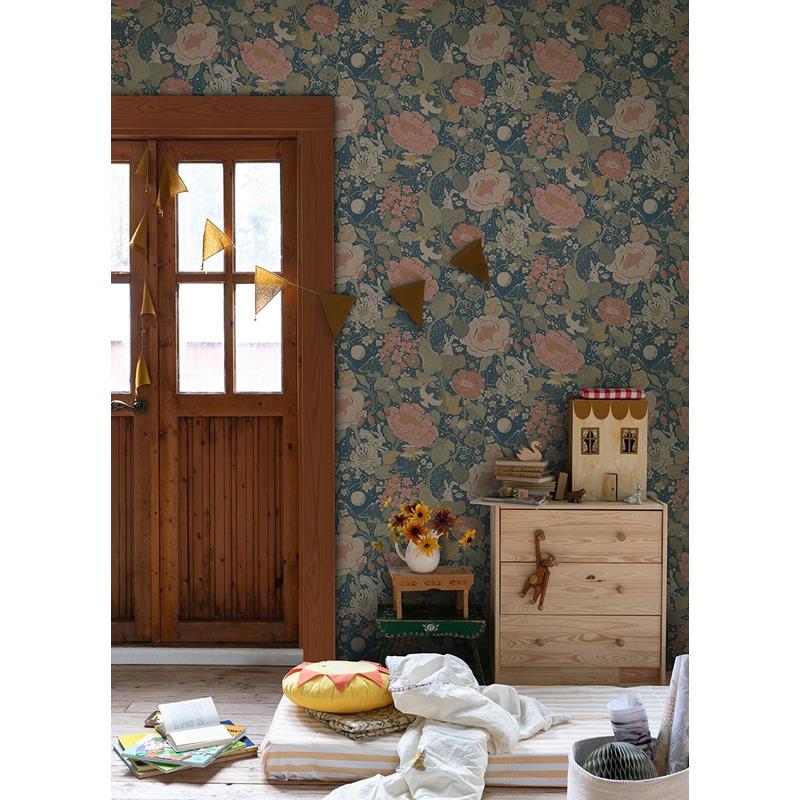Acquire 4111-63013 Briony Vaxa Teal Rabbits & Rosehips Wallpaper Teal A-Street Prints Wallpaper