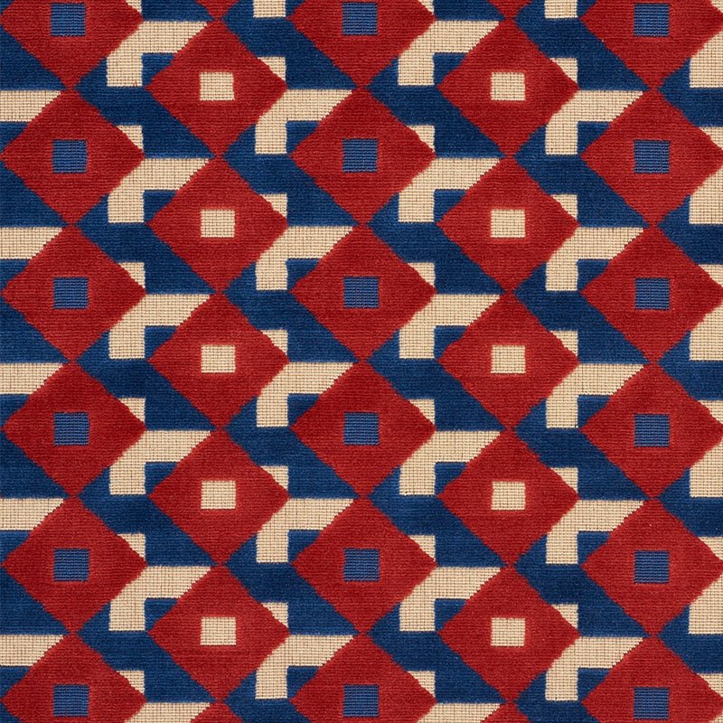 Purchase sample of 77241 Dazzle Ship Velvet, Blue & Red by Schumacher Fabric