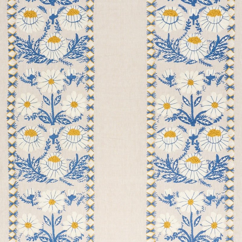 Purchase sample of 72332 Marguerite Embroidery, Blue & Ochre by Schumacher Fabric