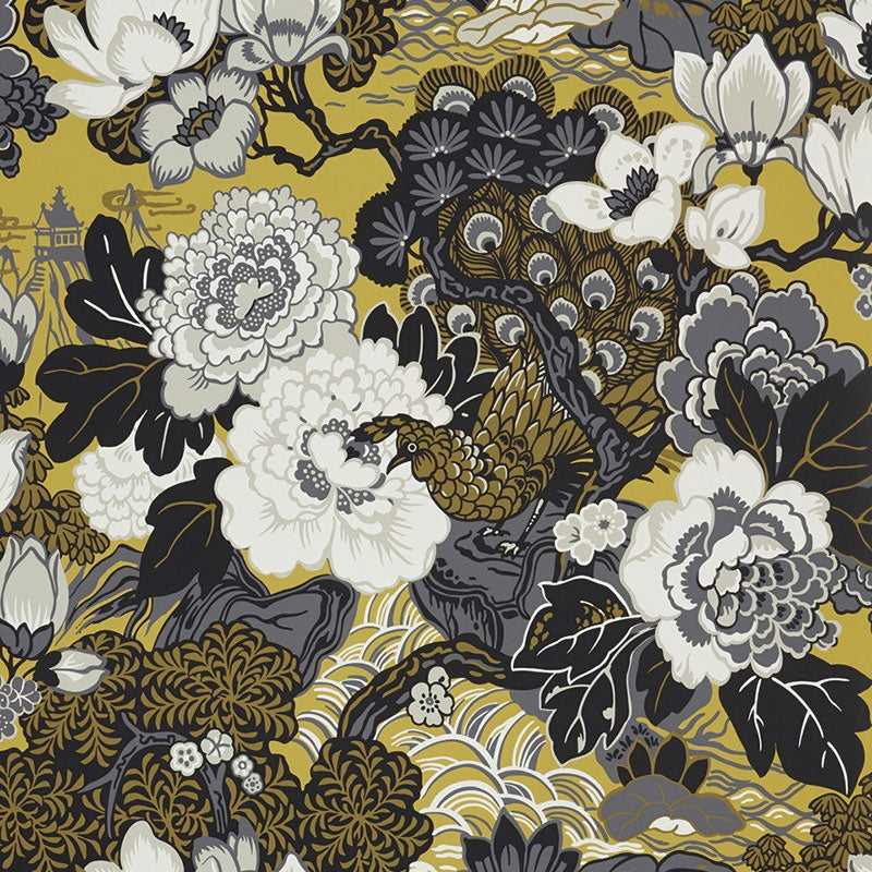 5006991 | Shanghai Peacock, Brass - Schumacher Wallpaper