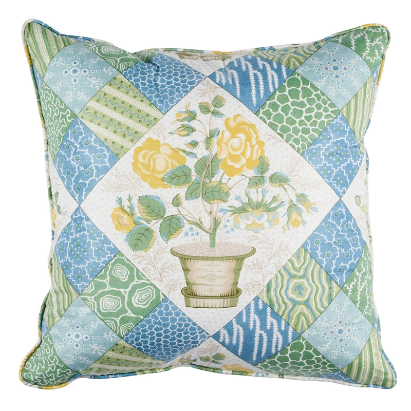 So18012005 | Caldwell Patchwork 20" Pillow, Yellow and Cornflower - Schumacher Furniture and Accessories