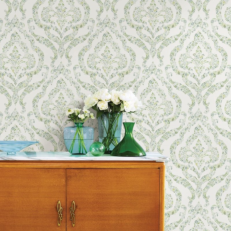Select 2901-25404 Perennial Featherton Light Green Floral Damask A Street Prints Wallpaper