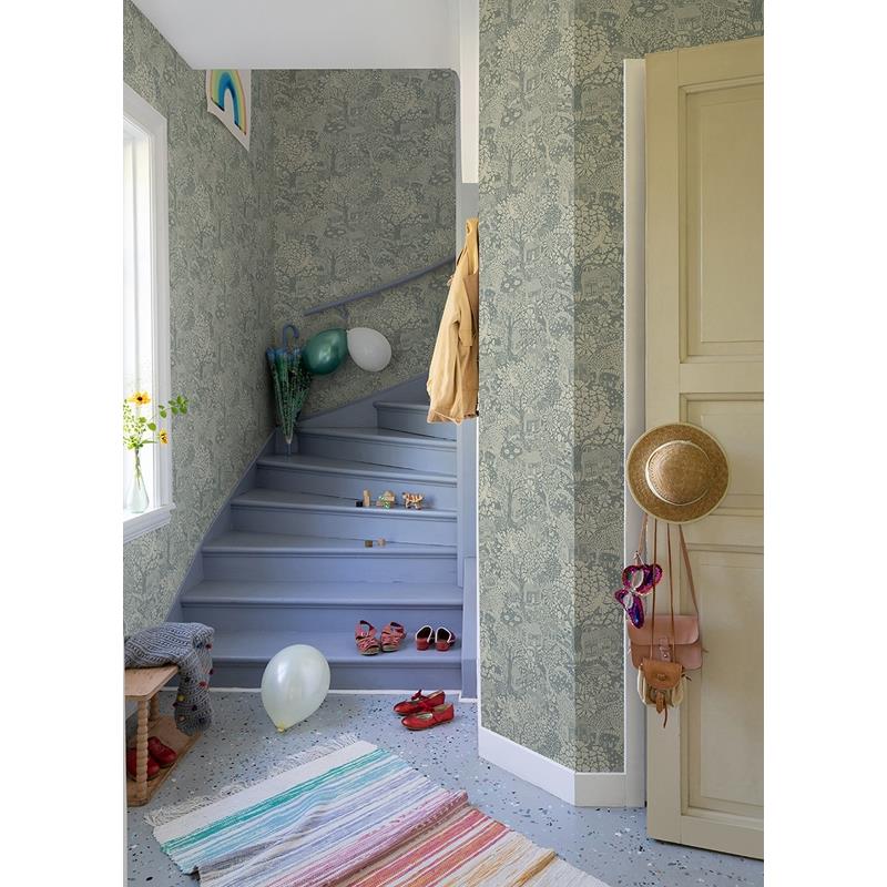 View 4111-63005 Briony Bygga Bo Blue Woodland Village Wallpaper Blue A-Street Prints Wallpaper