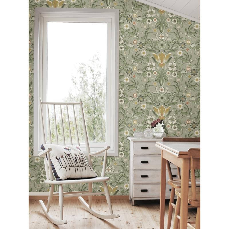 Purchase 2999-24113 Annelie Ostanskar Green Retro Floral Grey Yellow A-Street Prints Wallpaper