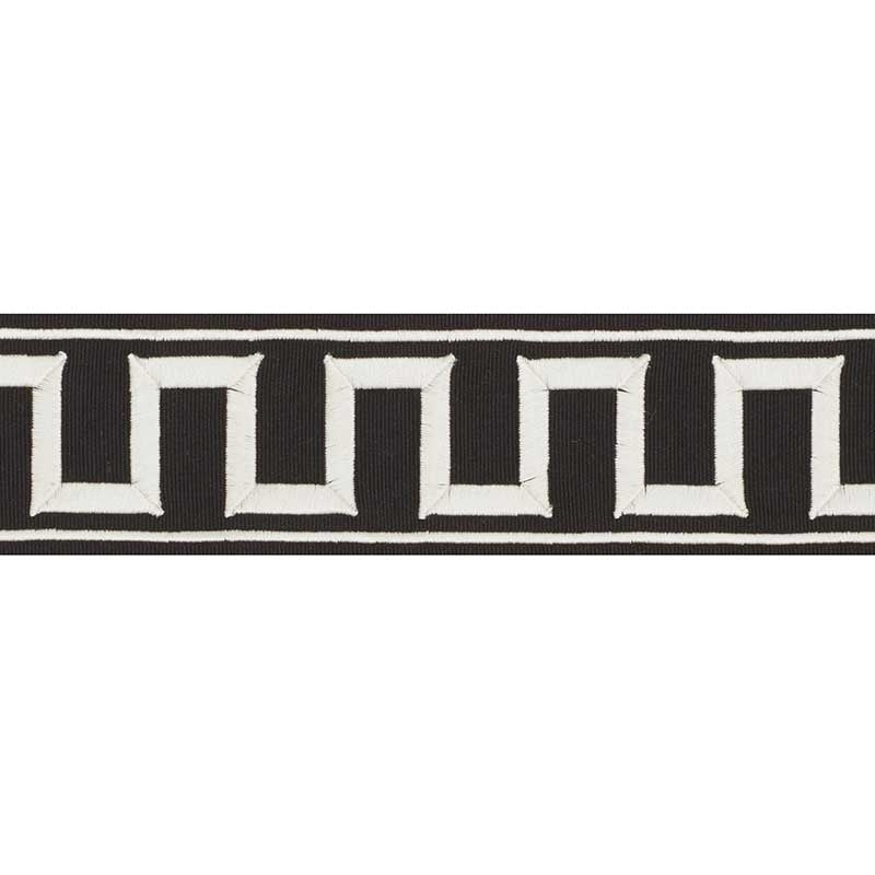 70802 | Greek Key Embroidered Tape, White On Black - Schumacher Fabric