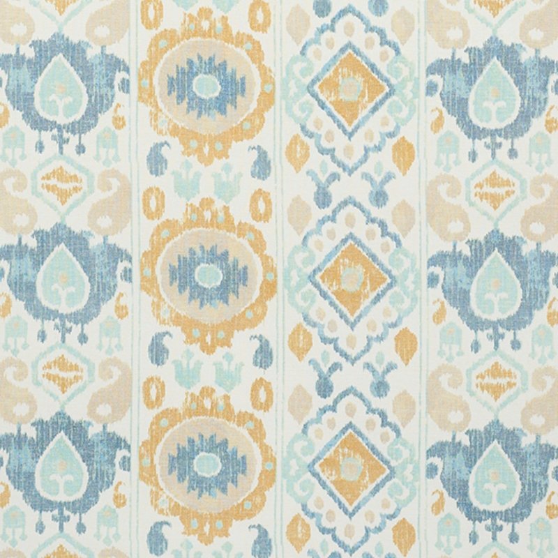 Purchase sample of 179050 Elizia Ikat, Sky & Ochre by Schumacher Fabric