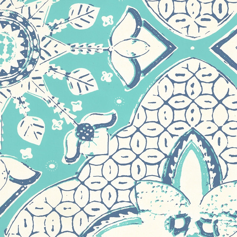 Purchase 6430-03WP New Batik Turquoise New Navy on Off White by Quadrille Wallpaper