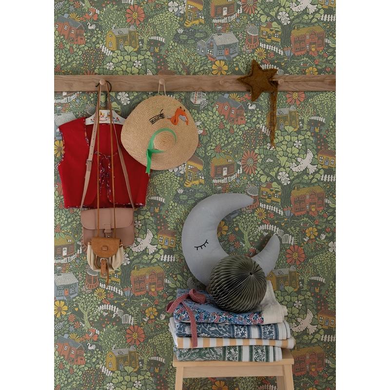 Shop 4111-63003 Briony Bygga Bo Green Woodland Village Wallpaper Green A-Street Prints Wallpaper