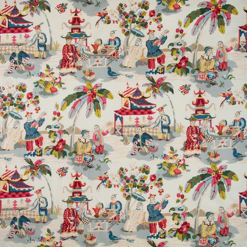 BR-79601-157  Xian Linen & Cotton Print Prussian/Red Modern Chinoiser