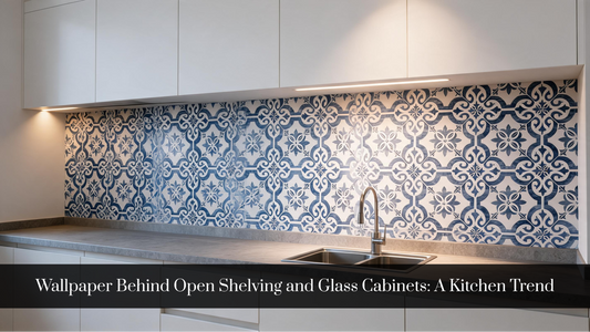 Wallpaper Behind Open Shelving and Glass Cabinets: A Kitchen Trend