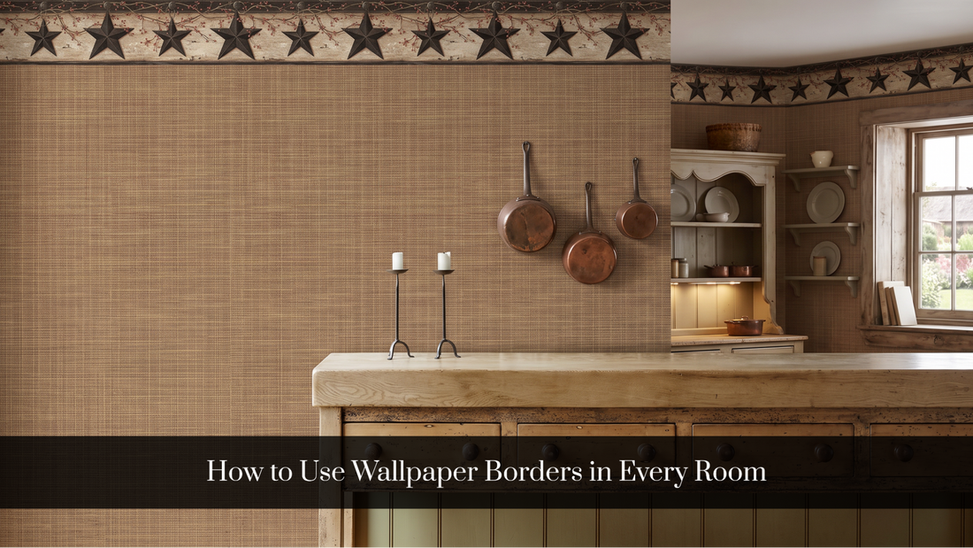 Wallpaper border used along a kitchen ceiling line above cabinets
