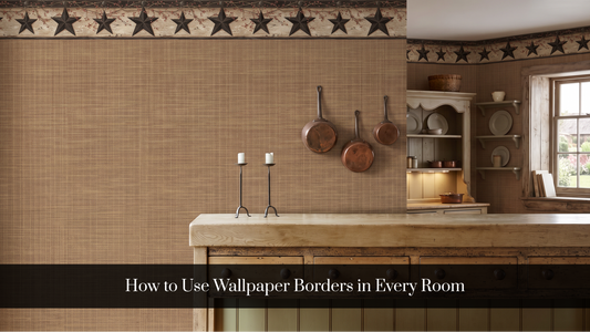 Wallpaper border used along a kitchen ceiling line above cabinets