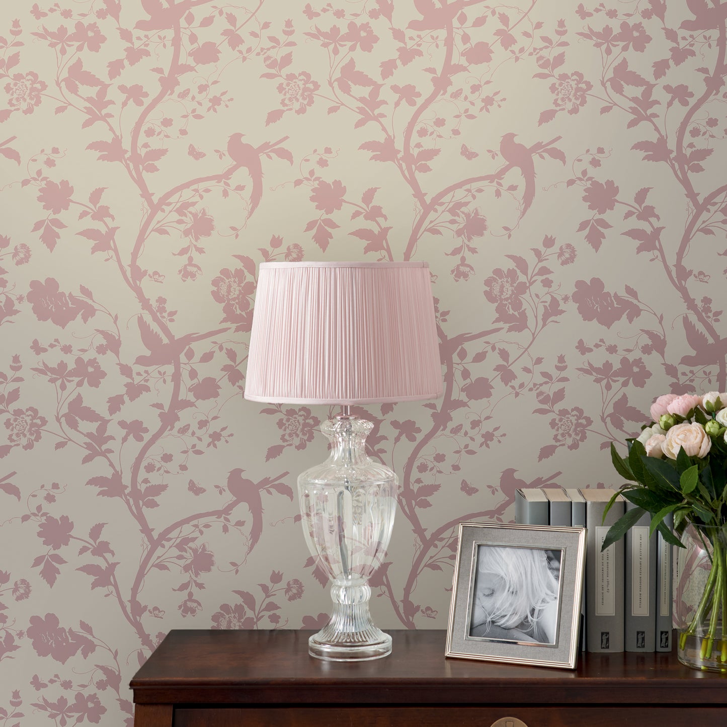 Purchase Laura Ashley Wallpaper Pattern 113389 Oriental Garden Pearlescent Chalk Pink