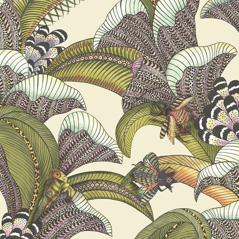 Sample 119/1001 Hoopoe Leaves Olive/Chart/Fuchsia On Cream Animal/Insects Cole and Son Wallpaper