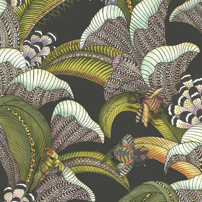 Sample 119/1002 Hoopoe Leaves Ol Grn, Chart and Fuchsia On Blk Animal/Insects Cole and Son Wallpaper
