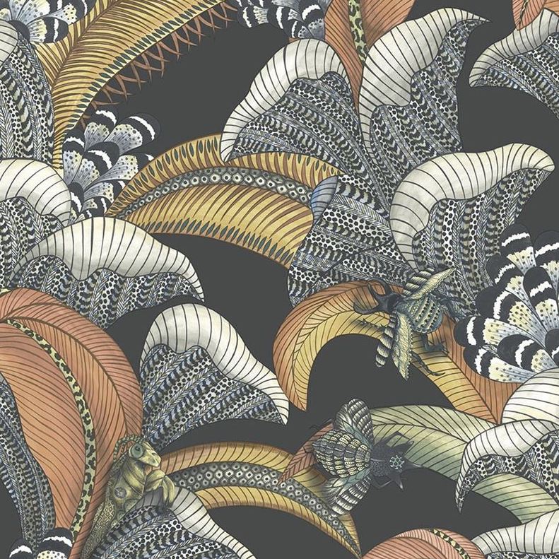 Sample 119/1005 Hoopoe Leaves Ter,Ochre and Ice Blue On Char Animal/Insects Cole and Son Wallpaper