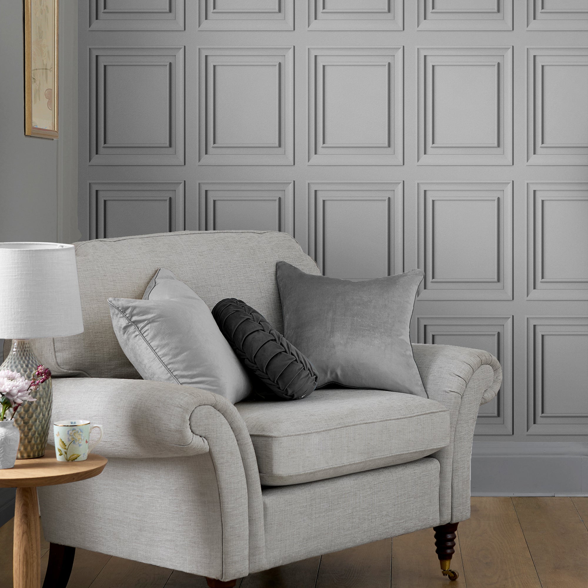 119845 | Redbrook Wood Panel Silver Removable - Laura Ashley Wallpaper
