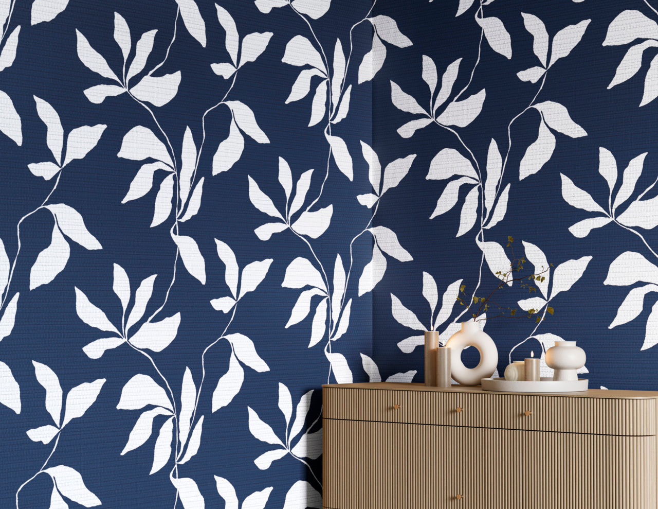 Purchase Phillip Jeffries Wallpaper - 40206, Desert Ivy - Navy Drift On Woven Walls2