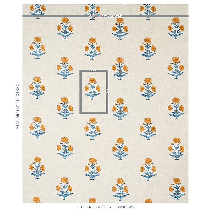 Purchase 179841 | Poppy Hand Block Print, Mustard & Sky - Schumacher Fabric