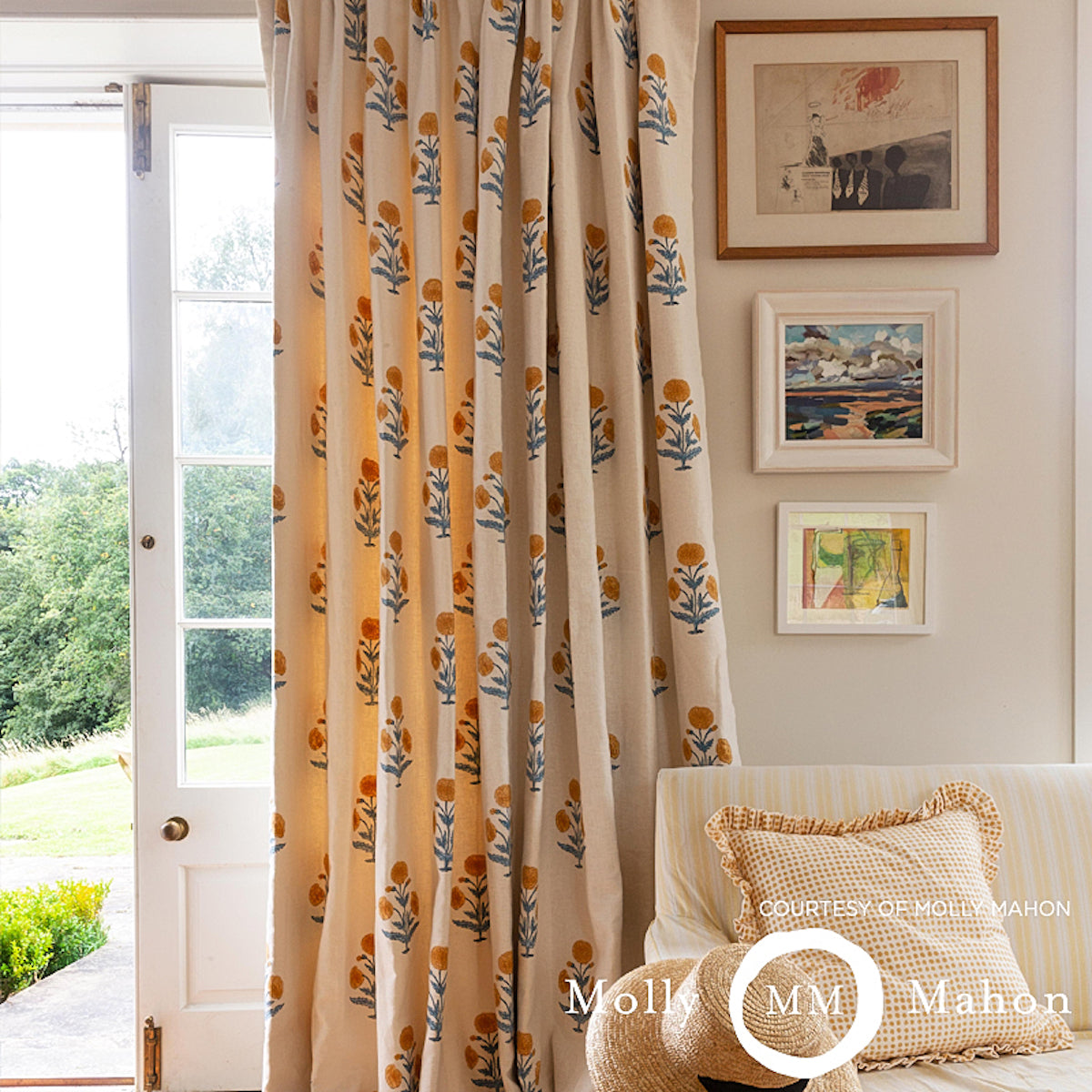 Purchase 179841 | Poppy Hand Block Print, Mustard & Sky - Schumacher Fabric