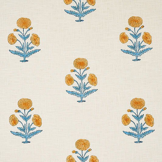 Purchase 179841 | Poppy Hand Block Print, Mustard & Sky - Schumacher Fabric
