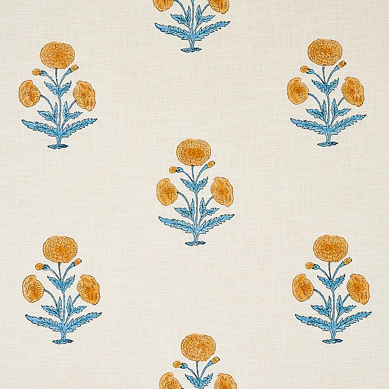 Purchase 179841 | Poppy Hand Block Print, Mustard & Sky - Schumacher Fabric