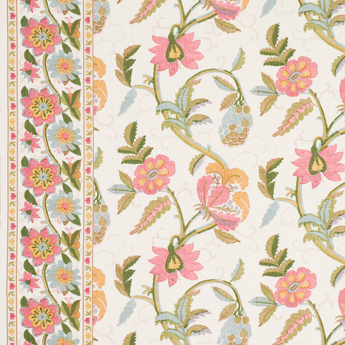 Find 180111 Indali Bordered Linen Pink And Leaf by Schumacher Fabric