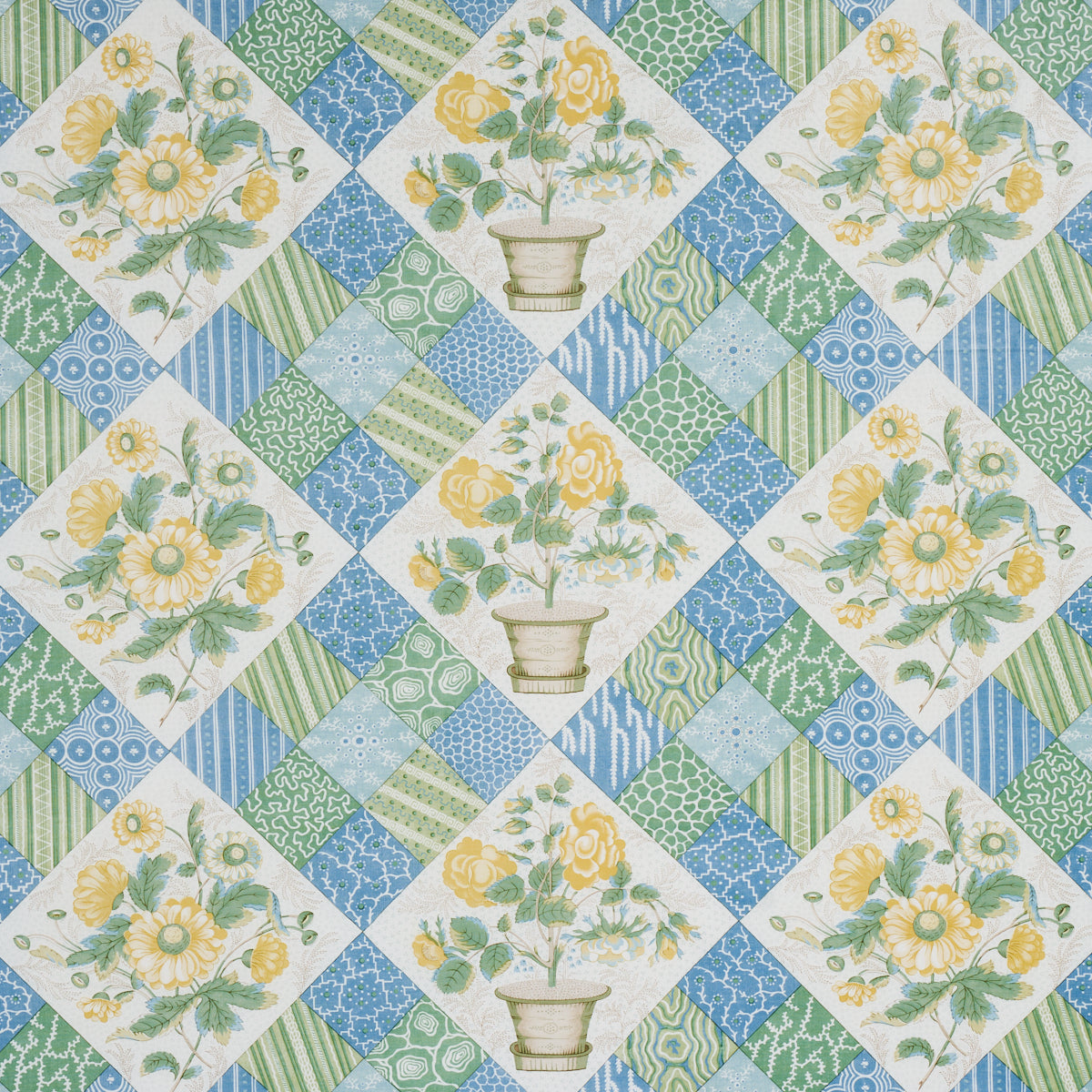 Save 180120 Caldwell Patchwork Chintz Yellow And Cornflower by Schumacher Fabric