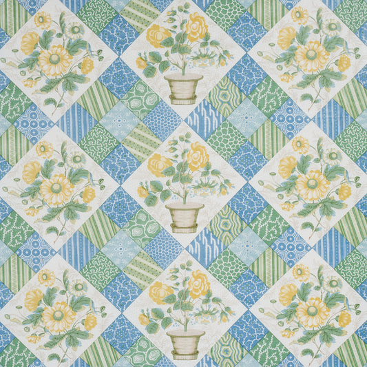 Save 180120 Caldwell Patchwork Chintz Yellow And Cornflower by Schumacher Fabric