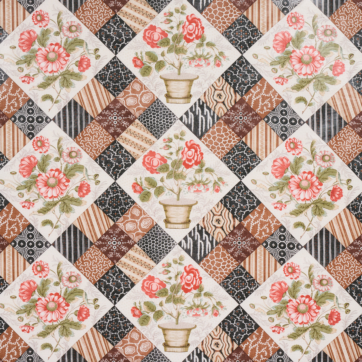 Acquire 180122 Caldwell Patchwork Chintz Rose And Chocolate by Schumacher Fabric