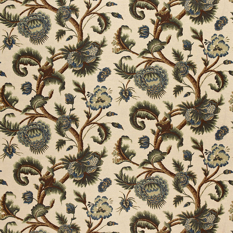 Purchase 2639314 | Jacobean Printed Crewel, Multi Blues Wood Tones - Schumacher Fabric