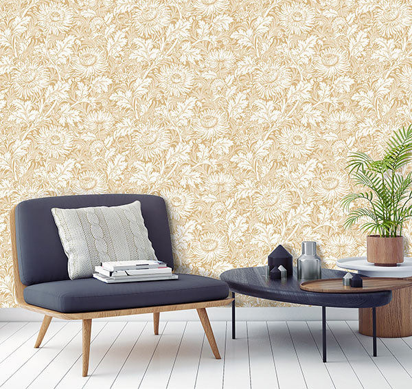 Purchase 2900-42528 Brewster Wallpaper, Zinnia Mustard Floral - Medley1