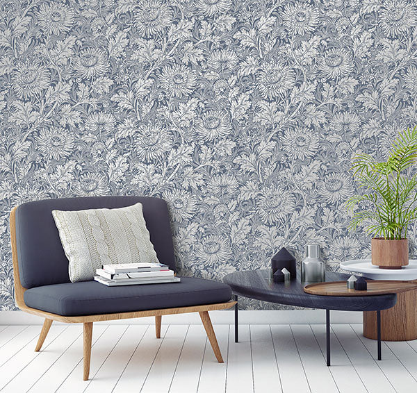 Purchase 2900-42532 Brewster Wallpaper, Zinnia Blue Floral - Medley1