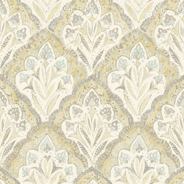 Purchase 3125-72338 Chesapeake Wallpaper, Mimir Mustard Quilted Damask - Kinfolk