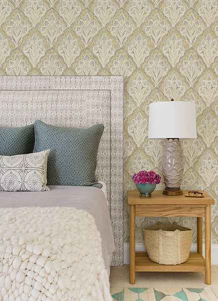 Purchase 3125-72338 Chesapeake Wallpaper, Mimir Mustard Quilted Damask - Kinfolk1