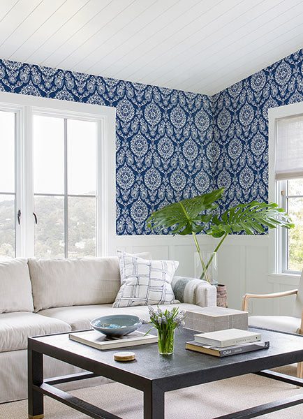Purchase 4071-71018 Advantage Wallpaper, Helm Damask Navy Floral Medallion - Blue Heron1