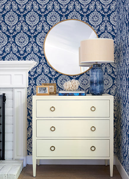 Purchase 4071-71018 Advantage Wallpaper, Helm Damask Navy Floral Medallion - Blue Heron12