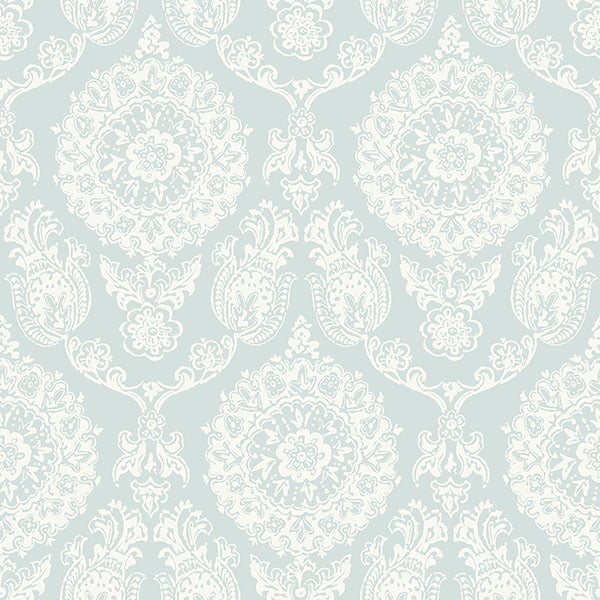Purchase 4071-71023 Advantage Wallpaper, Helm Damask Aqua Floral Medallion - Blue Heron