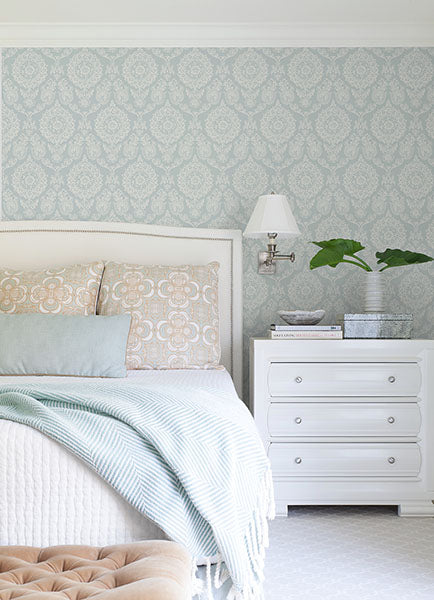 Purchase 4071-71023 Advantage Wallpaper, Helm Damask Aqua Floral Medallion - Blue Heron12