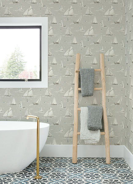 Purchase 4071-71036 Advantage Wallpaper, Leeward Light Grey Sailboat - Blue Heron1