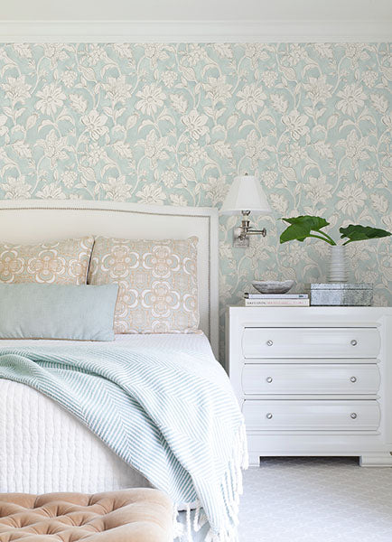 Purchase 4071-71038 Advantage Wallpaper, Plumeria Aqua Floral Trail - Blue Heron1
