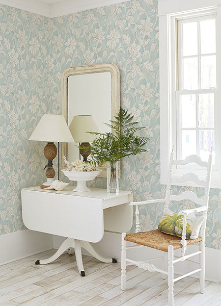 Purchase 4071-71038 Advantage Wallpaper, Plumeria Aqua Floral Trail - Blue Heron12