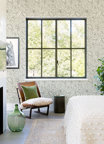 Purchase 4071-71039 Advantage Wallpaper, Plumeria Grey Floral Trail - Blue Heron1