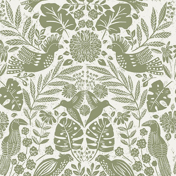 Purchase 4122-27005 A-Street Wallpaper, Nestle Green Bird Block Print - Terrace