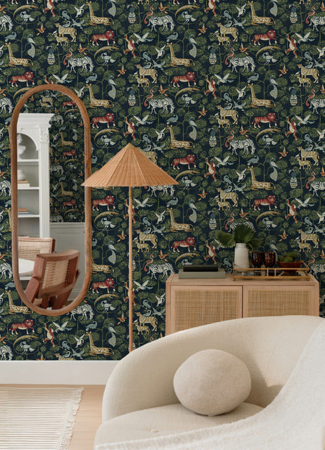 Purchase 4135-27285 A-Street Wallpaper, Rigby Navy Jungle Animals - Whimsy12