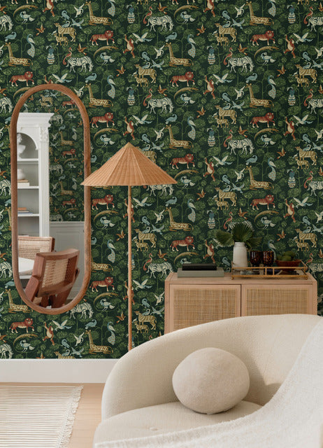 Purchase 4135-27286 A-Street Wallpaper, Rigby Green Jungle Animals - Whimsy12