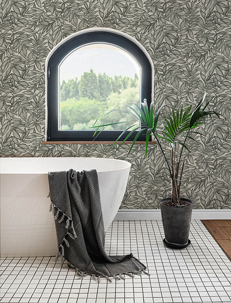 Purchase 4146-27229 A-Street Wallpaper, Rhythmic Charcoal Leaf Wallpaper - Harmony1