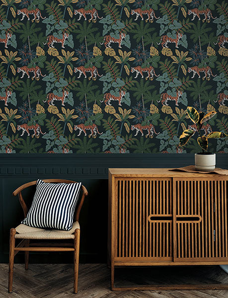 Purchase 4146-27248 A-Street Wallpaper, Caspian Navy Jungle Prowl Wallpaper - Harmony12